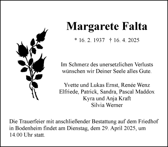 Traueranzeige von Margarete Falta von Allgemeine Zeitung Alzey