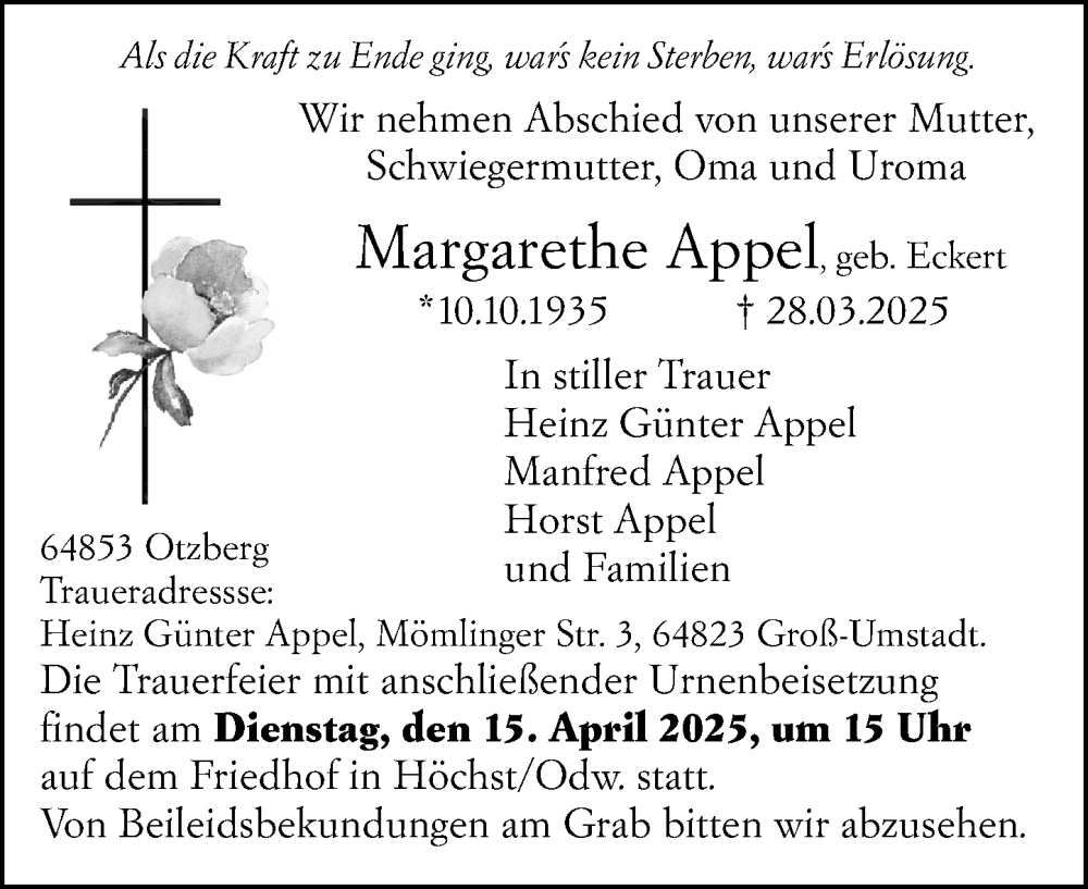  Traueranzeige für Margarethe Appel vom 12.04.2025 aus Odenwälder Echo