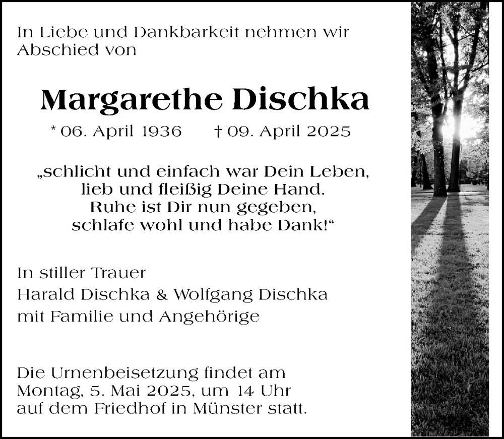  Traueranzeige für Margarethe Dischka vom 19.04.2025 aus Dieburger Anzeiger/Groß-Zimmerner Lokal-Anzeiger