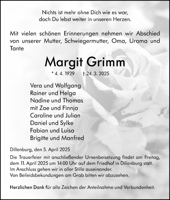 Traueranzeige von Margit Grimm von Dill Block