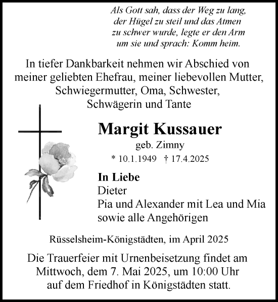 Traueranzeige von Margit Kussauer von Rüsselsheimer Echo