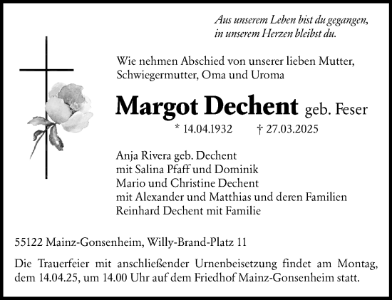 Traueranzeige von Margot Dechent von Allgemeine Zeitung Mainz