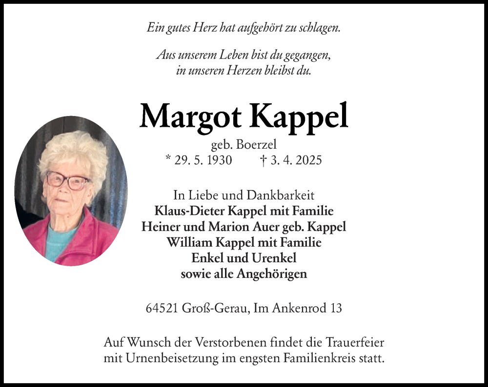  Traueranzeige für Margot Kappel vom 05.04.2025 aus Groß-Gerauer Echo