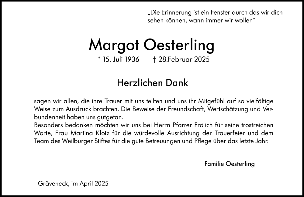  Traueranzeige für Margot Oesterling vom 05.04.2025 aus Weilburger Tageblatt