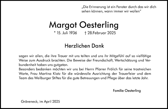 Traueranzeige von Margot Oesterling von Weilburger Tageblatt