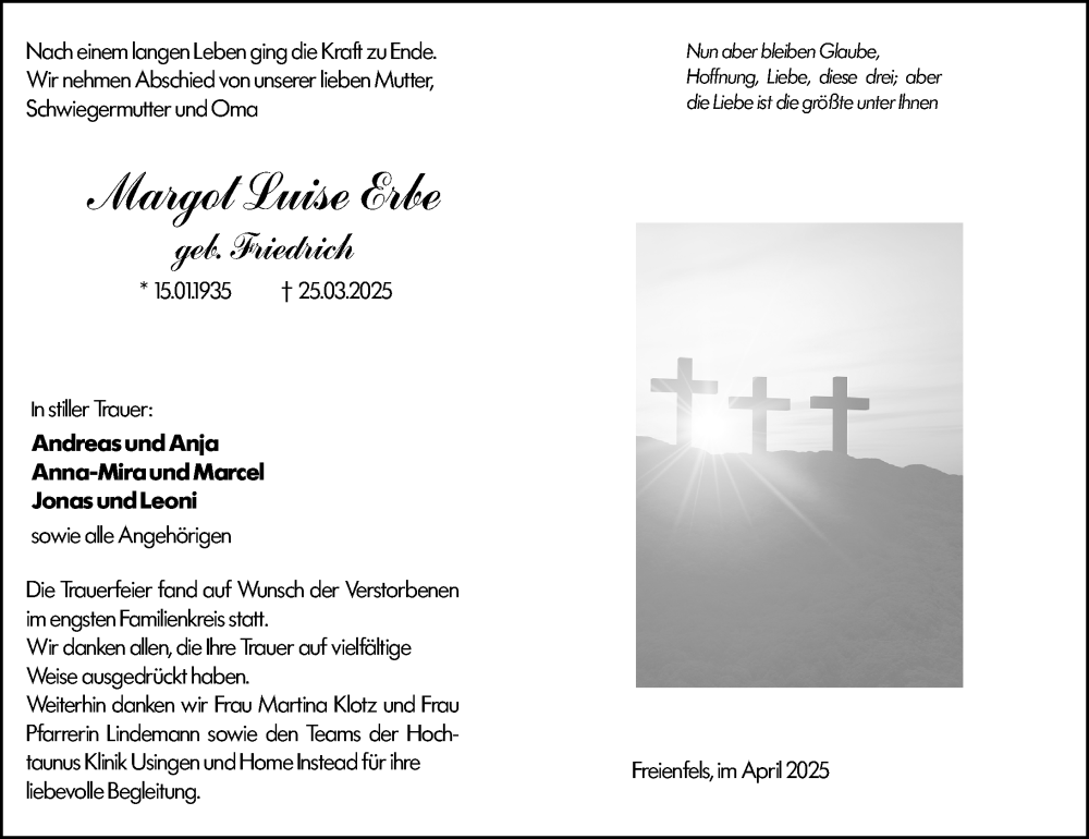  Traueranzeige für Margot Luise Erbe vom 12.04.2025 aus Weilburger Tageblatt