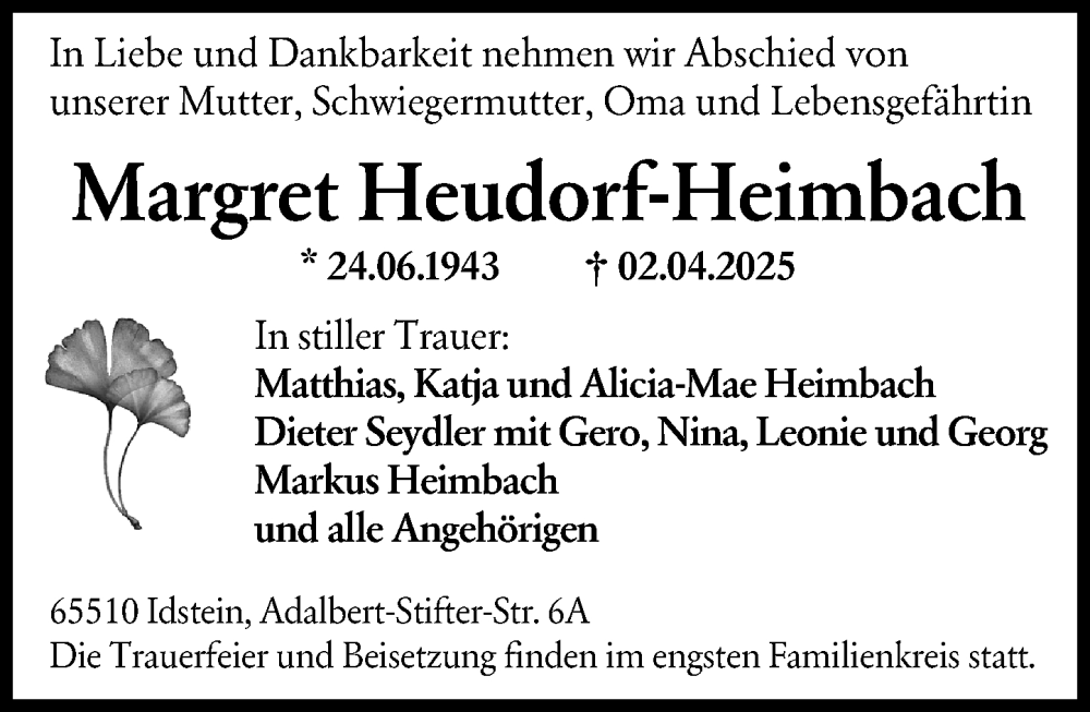  Traueranzeige für Margret Heudorf-Heimbach vom 05.04.2025 aus Wiesbadener Kurier