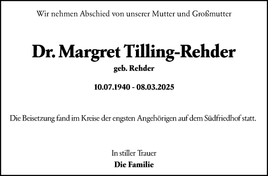 Traueranzeige von Margret Tilling-Rehder von Wiesbadener Kurier