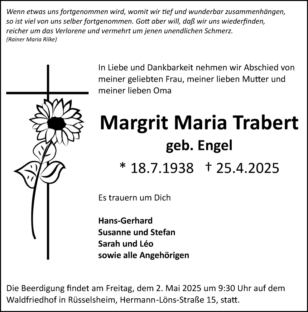  Traueranzeige für Margrit Maria Trabert vom 29.04.2025 aus Rüsselsheimer Echo