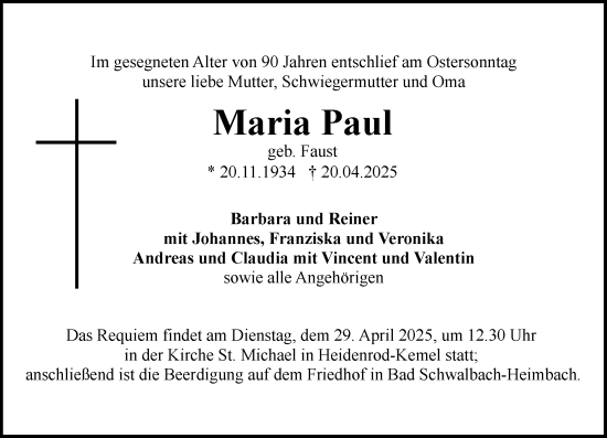 Traueranzeige von Maria Paul von Wiesbadener Kurier