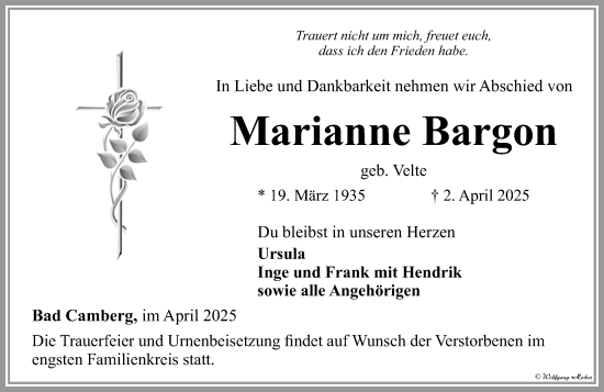 Traueranzeige von Marianne Bargon von Camberger Anzeiger
