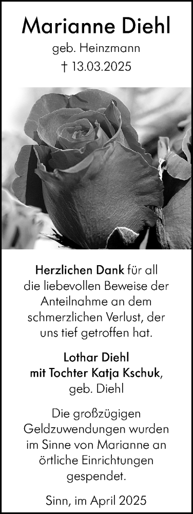  Traueranzeige für Marianne Diehl vom 26.04.2025 aus Dill Block