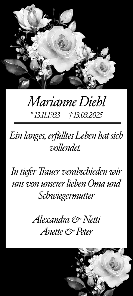  Traueranzeige für Marianne Diehl vom 08.04.2025 aus Dill Block