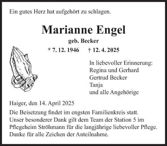 Traueranzeige von Marianne Engel von Dill Block