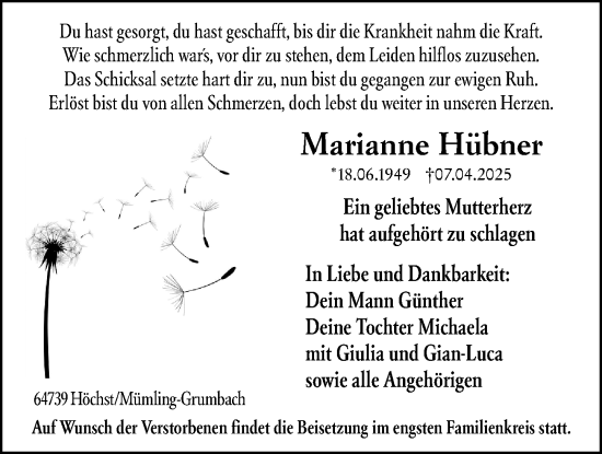 Traueranzeige von Marianne Hübner von Odenwälder Echo
