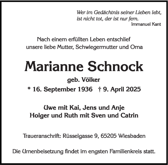 Traueranzeige von Marianne Schnock von Wiesbadener Kurier
