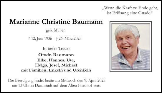 Traueranzeige von Marianne Christine Baumann von Darmstädter Echo