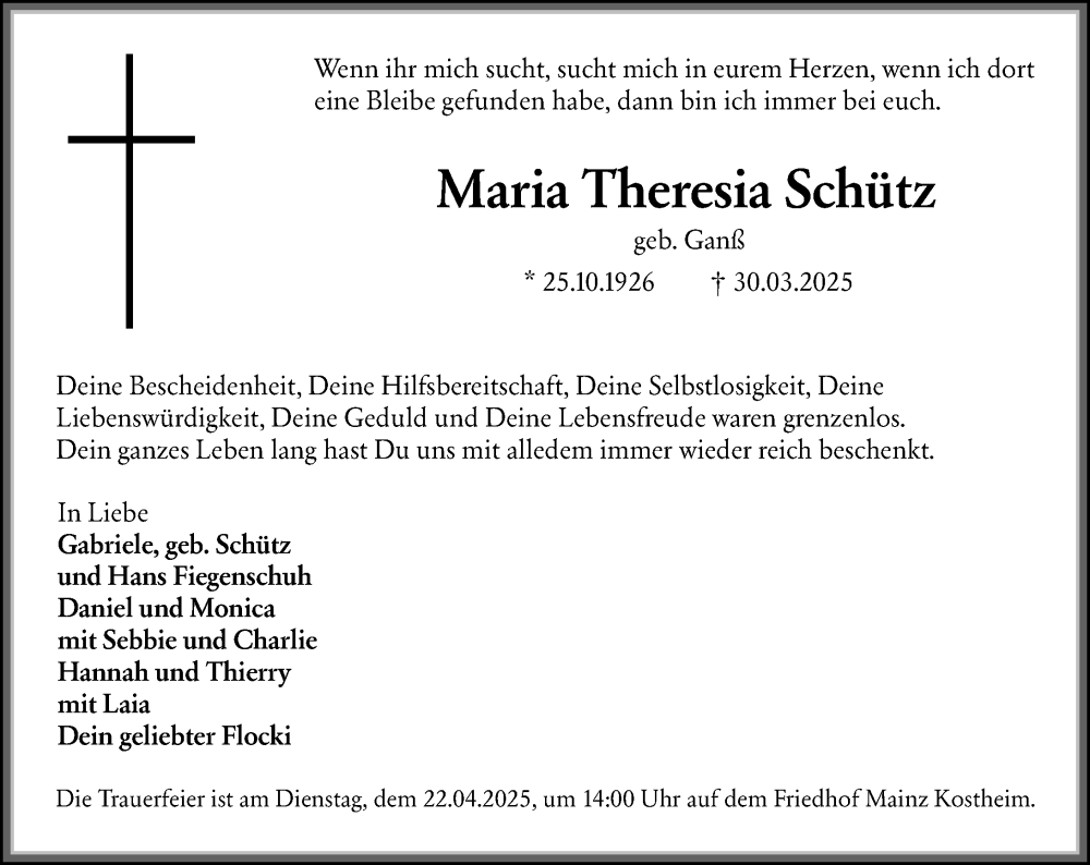  Traueranzeige für Maria Theresia Schütz vom 12.04.2025 aus Wiesbadener Kurier