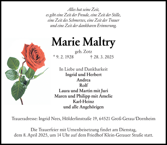 Traueranzeige von Marie Maltry von Groß-Gerauer Echo