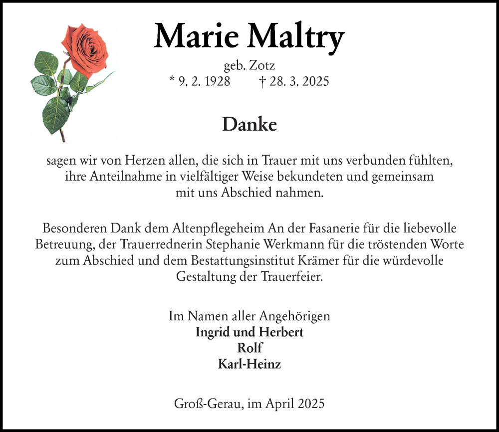  Traueranzeige für Marie Maltry vom 26.04.2025 aus Groß-Gerauer Echo