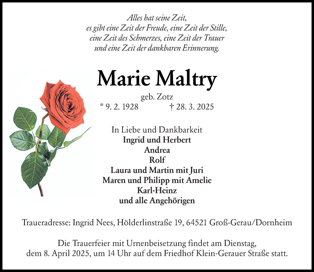  Traueranzeige für Marie Maltry vom 05.04.2025 aus Groß-Gerauer Echo