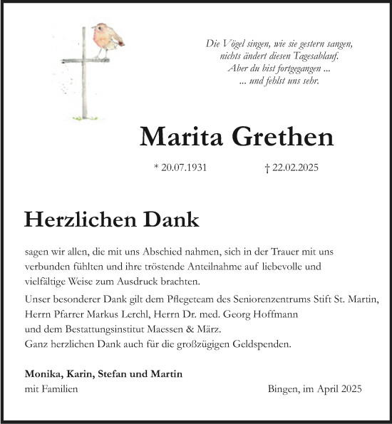 Traueranzeige von Marita Grethen von Allgemeine Zeitung Rheinhessen-Nahe