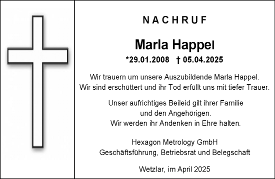 Traueranzeige von Marla Happel von Wetzlarer Neue Zeitung