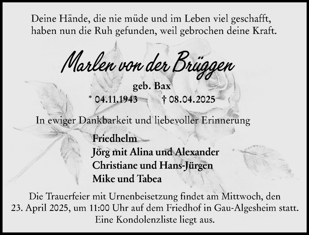  Traueranzeige für Marlen von der Brüggen vom 19.04.2025 aus Allgemeine Zeitung Rheinhessen-Nahe