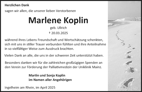 Traueranzeige von Marlene Koplin von Allgemeine Zeitung Rheinhessen-Nahe