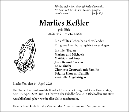 Traueranzeige von Marlies Keßler von Dill Block
