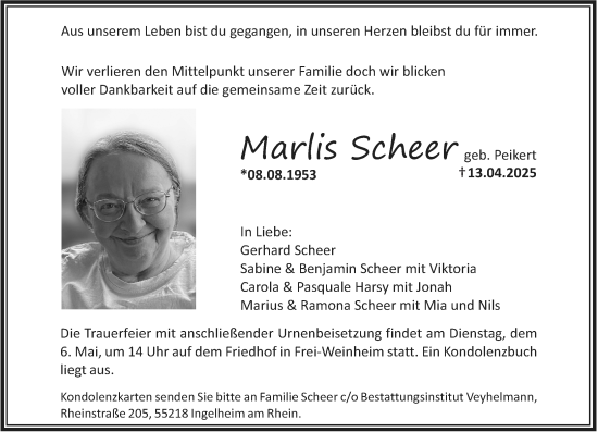 Traueranzeige von Marlis Scheer von Allgemeine Zeitung Rheinhessen-Nahe