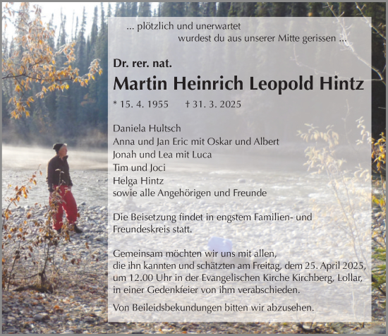 Traueranzeige von Martin Heinrich Leopold Hintz von Wetzlarer Neue Zeitung
