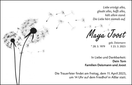 Traueranzeige von Maya Joost von Wetzlarer Neue Zeitung