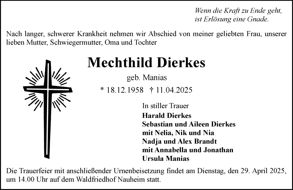  Traueranzeige für Mechthild Dierkes vom 19.04.2025 aus Wiesbadener Kurier