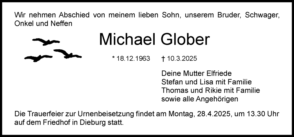  Traueranzeige für Michael Glober vom 19.04.2025 aus Dieburger Anzeiger/Groß-Zimmerner Lokal-Anzeiger