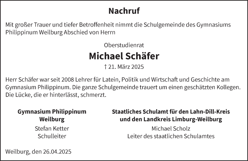  Traueranzeige für Michael Schäfer vom 26.04.2025 aus Weilburger Tageblatt