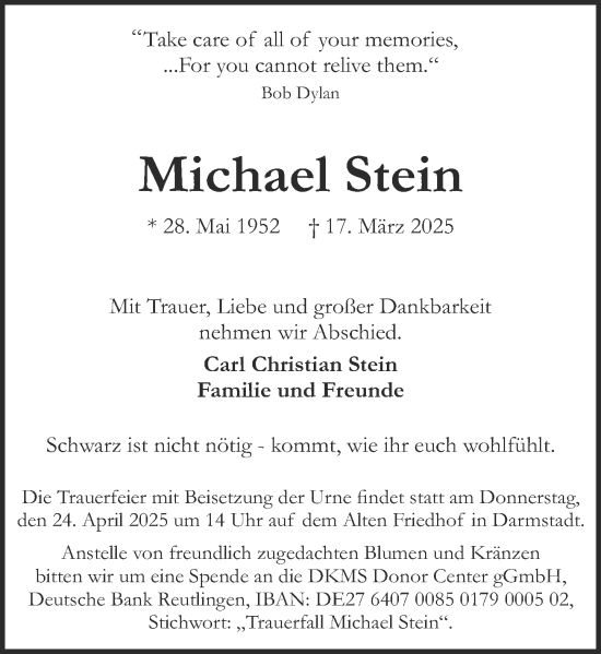 Traueranzeige von Michael Stein von Darmstädter Echo