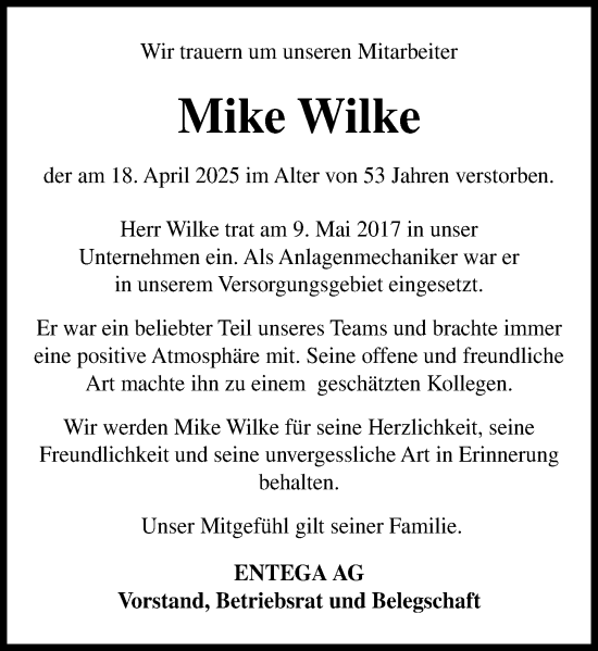 Traueranzeige von Mike Wilke von Odenwälder Echo