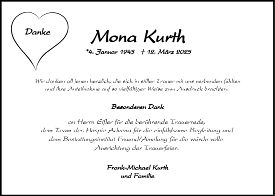 Traueranzeige von Mona Kurth von Wiesbadener Kurier