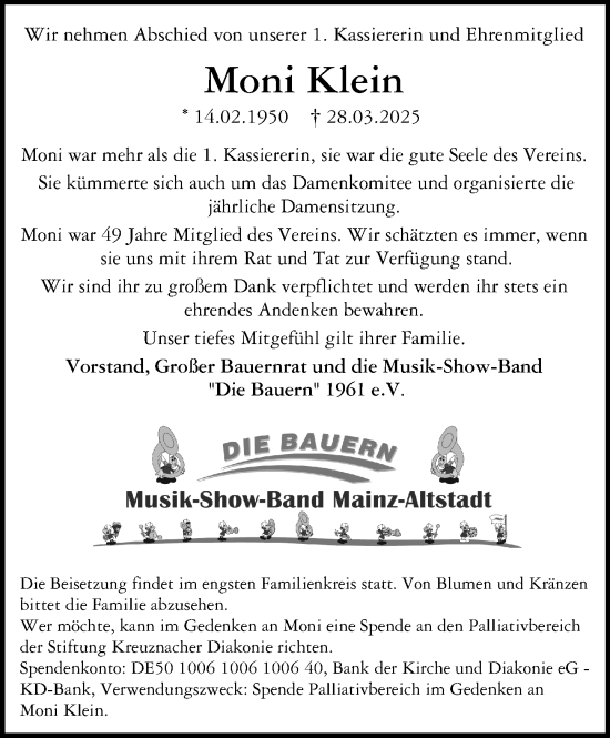 Traueranzeige von Moni Klein von Allgemeine Zeitung Mainz