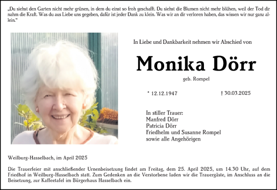 Traueranzeige von Monika Dörr von Weilburger Tageblatt