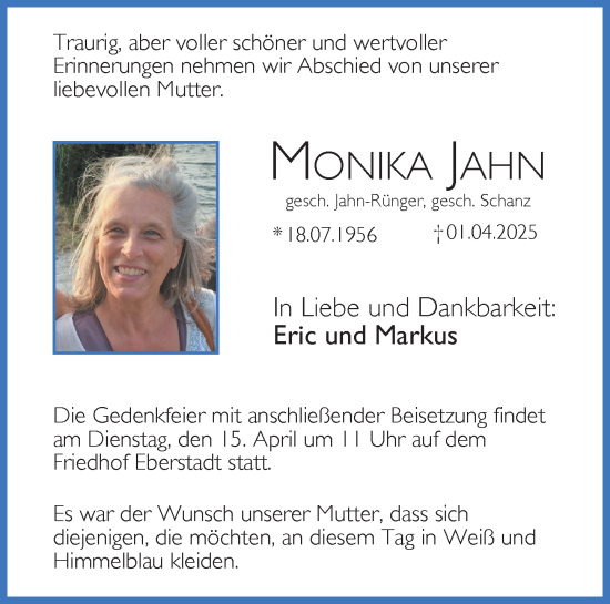 Traueranzeige von Monika Jahn von Darmstädter Echo