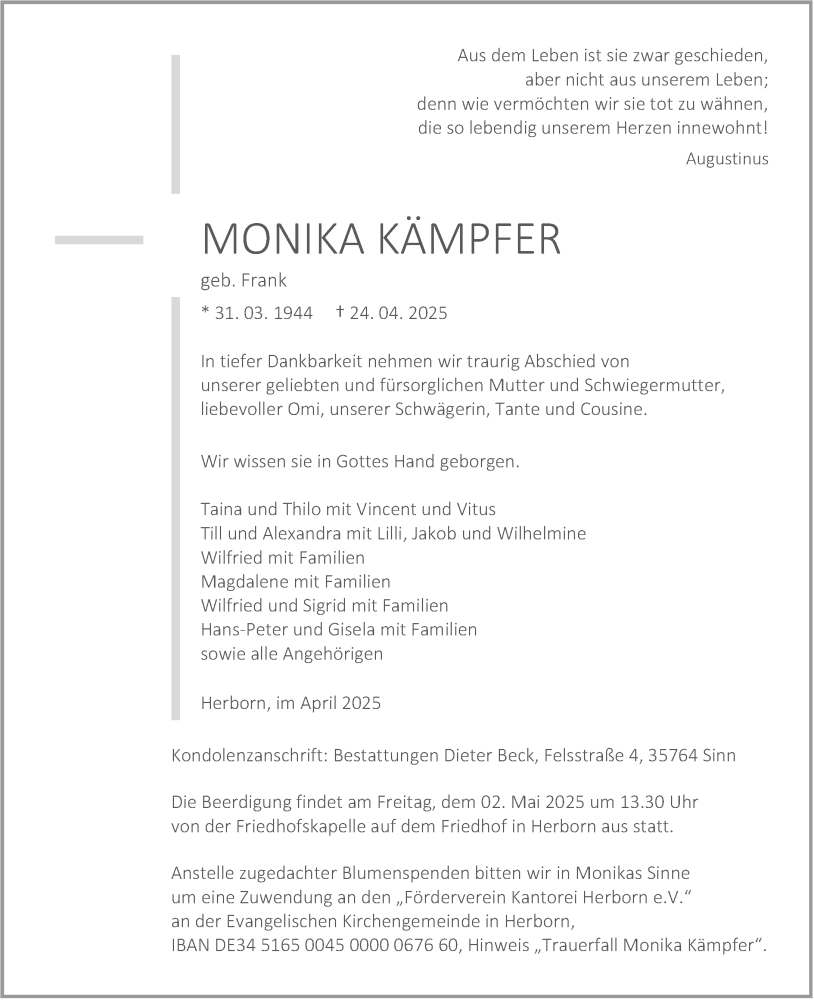  Traueranzeige für Monika Kämpfer vom 28.04.2025 aus Dill Block