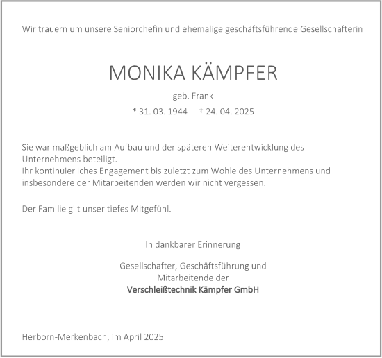 Traueranzeige von Monika Kämpfer von Dill Block