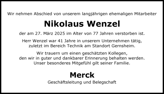 Traueranzeige von Nikolaus Wenzel von Groß-Gerauer Echo