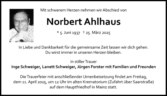 Traueranzeige von Norbert Ahlhaus von Allgemeine Zeitung Mainz