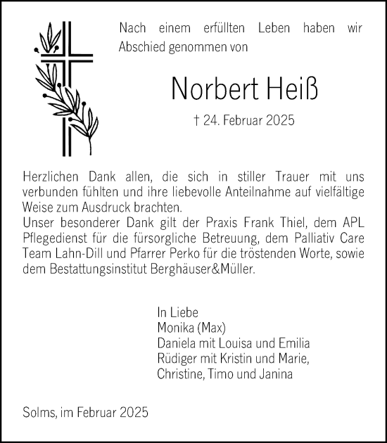 Traueranzeige von Norbert Heiß von Wetzlarer Neue Zeitung