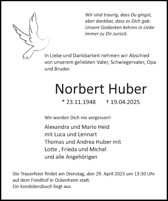 Traueranzeige von Norbert Huber von Allgemeine Zeitung Rheinhessen-Nahe