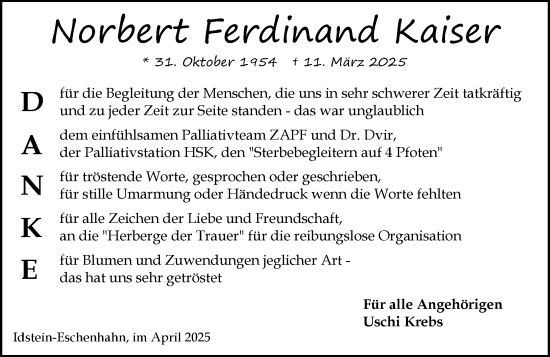 Traueranzeige von Norbert Ferdinand Kaiser von Wiesbadener Kurier