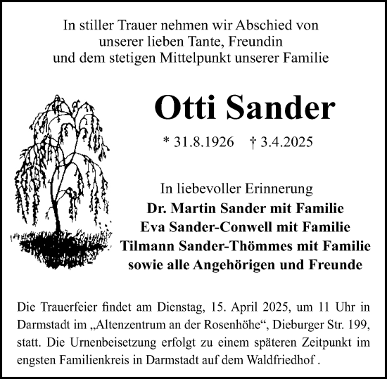 Traueranzeige von Otti Sander von Darmstädter Echo